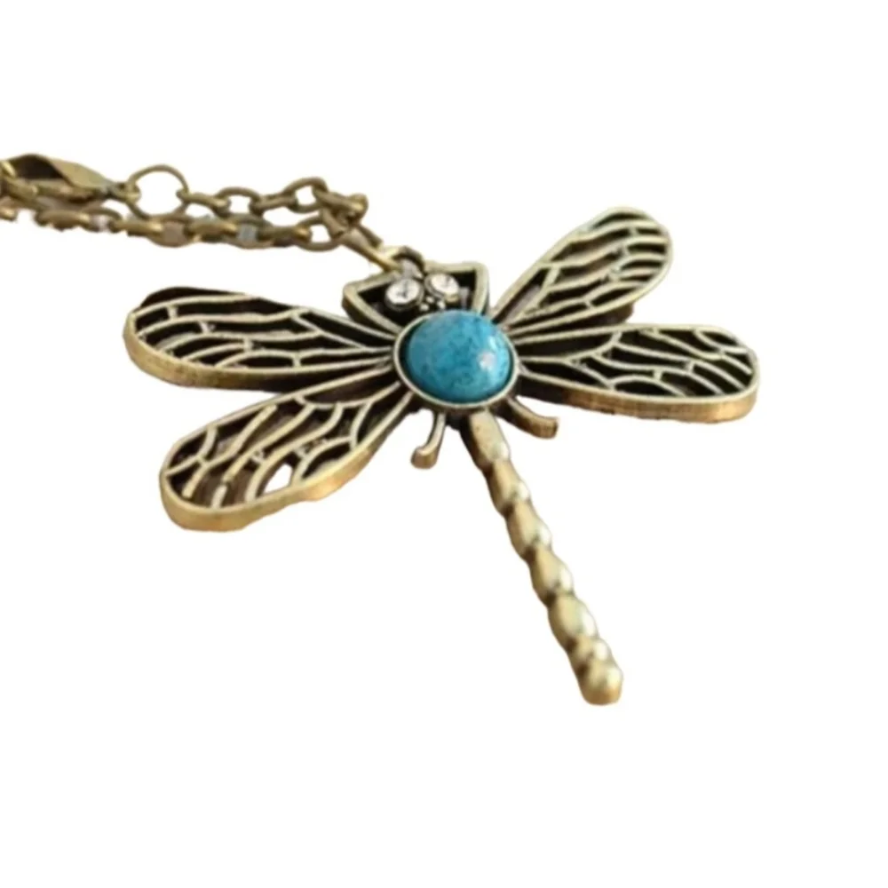 DRAGONFLY Turquoise Blue Bronze Long Chain Sweater Necklace Necklaces Boho
